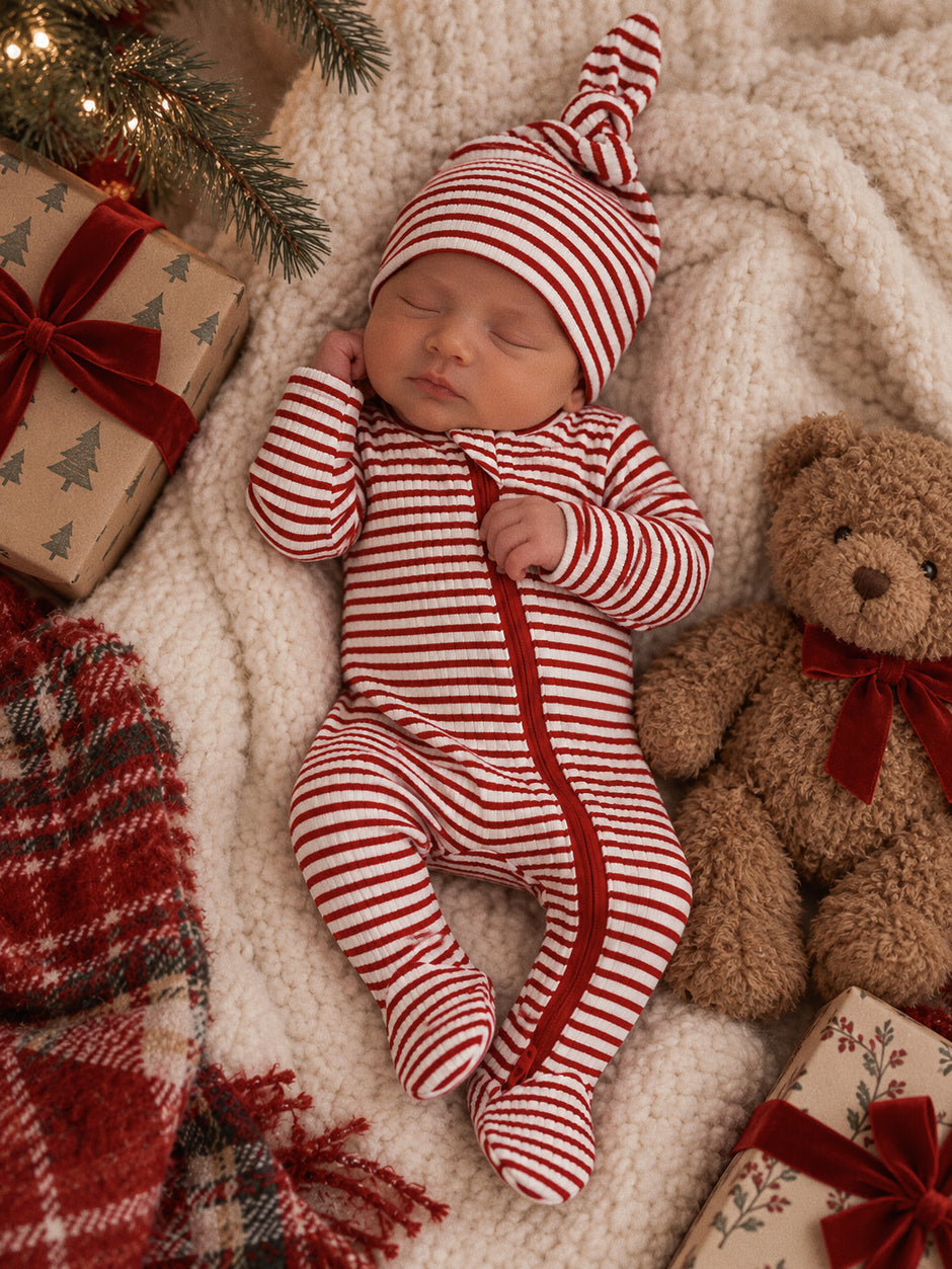 Newborn sleeping in striped red and white outfit, surrounded by gifts and a teddy bear on soft, cozy blanket.