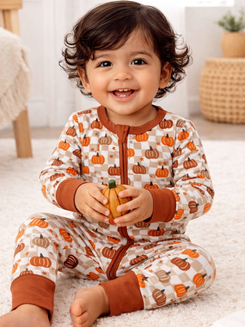 Smiling child in pumpkin-patterned pajamas, holding a small pumpkin, sitting on a fluffy rug indoors.