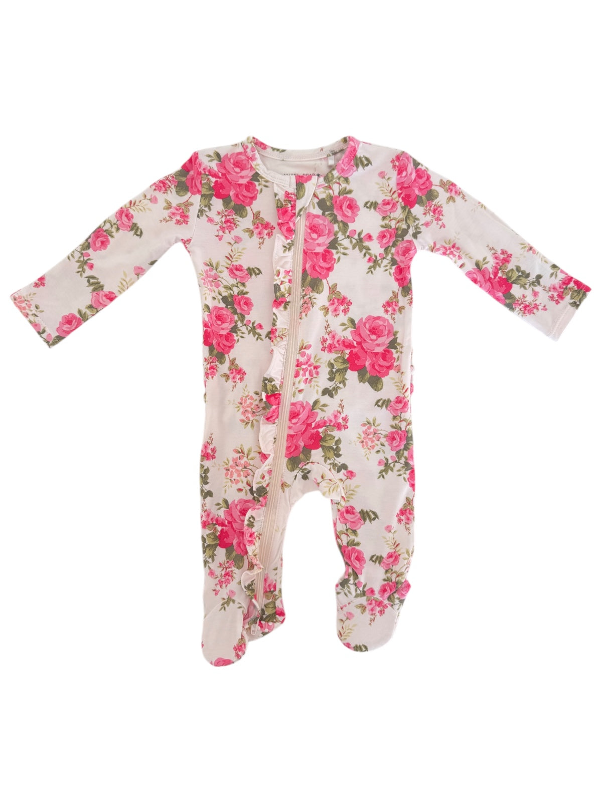 Floral baby onesie with pink roses, long sleeves, and front zipper design.