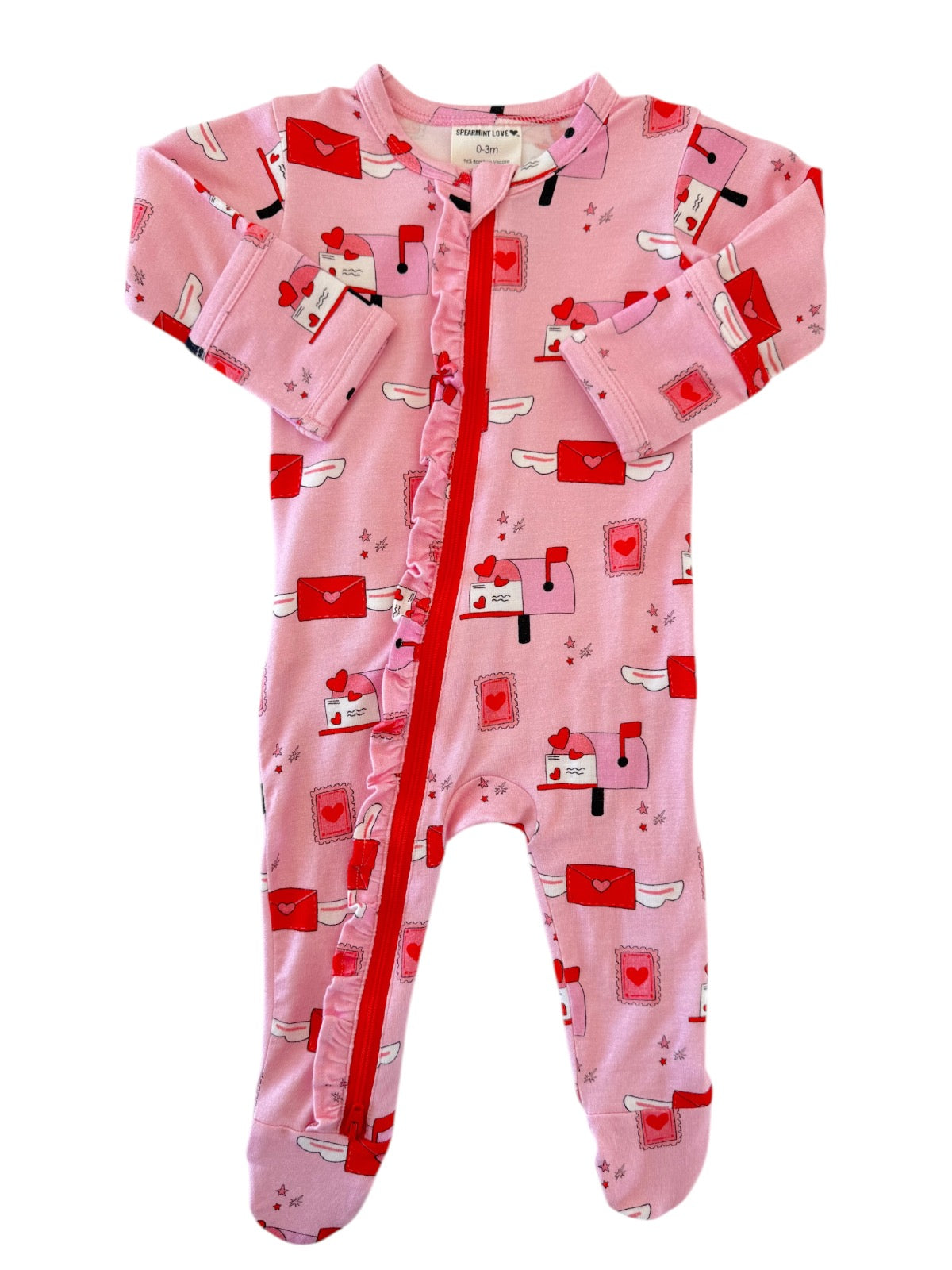 Pink baby onesie adorned with mailboxes and hearts, featuring a front zipper and ruffled trim.