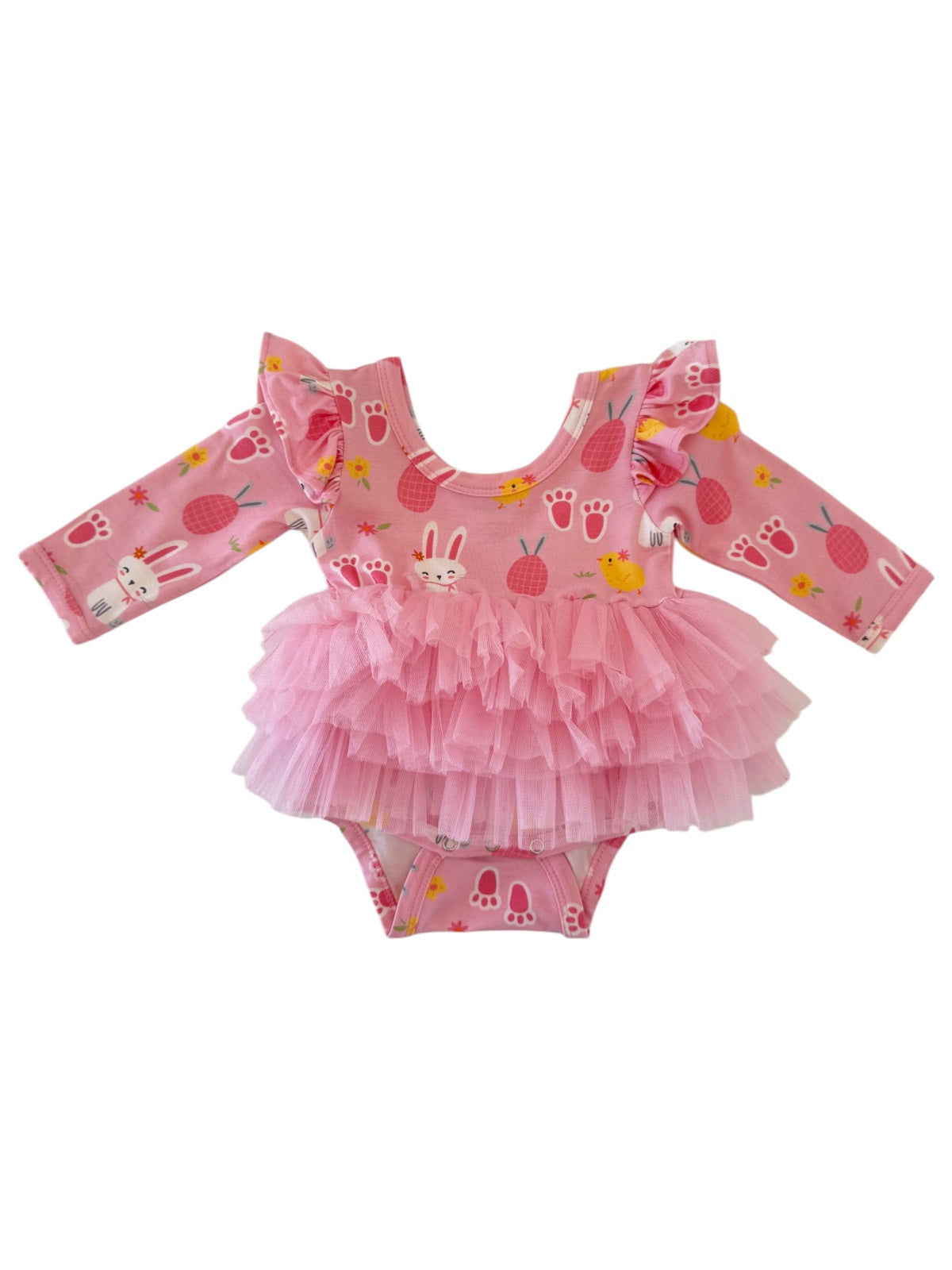 Pink bunny print onesie with ruffled sleeves and tulle skirt for infants. Ideal for spring and summer wear.