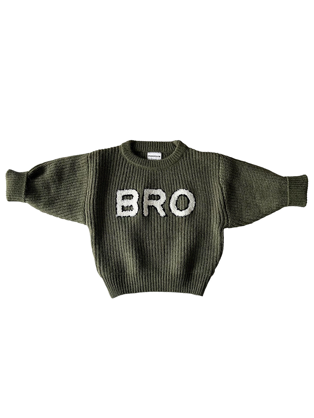 Olive green sweater with the word "BRO" in white, featuring a ribbed texture and oversized sleeves.