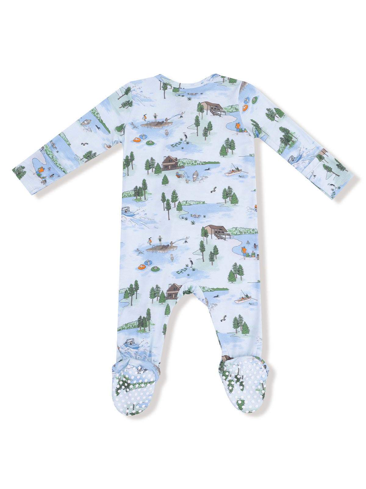 Blue pajama onesie featuring a nature-themed print with lakes, trees, and outdoor activities on a light background.