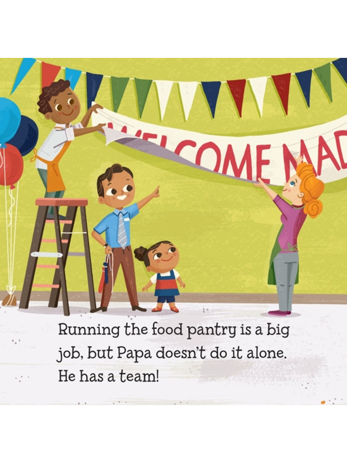 Children and adults prepare a "Welcome" banner for a food pantry event, highlighting teamwork and community spirit.