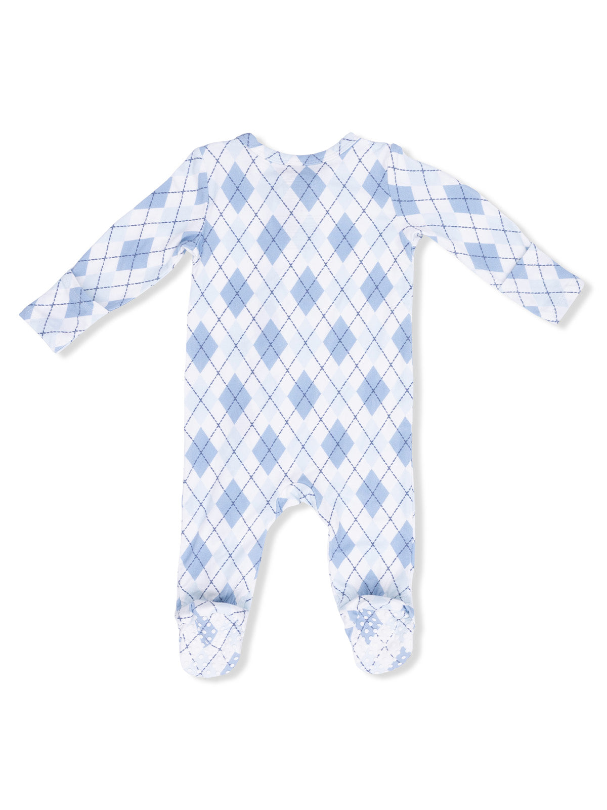 Light blue argyle-patterned baby onesie with long sleeves and footed design, viewed from the back.