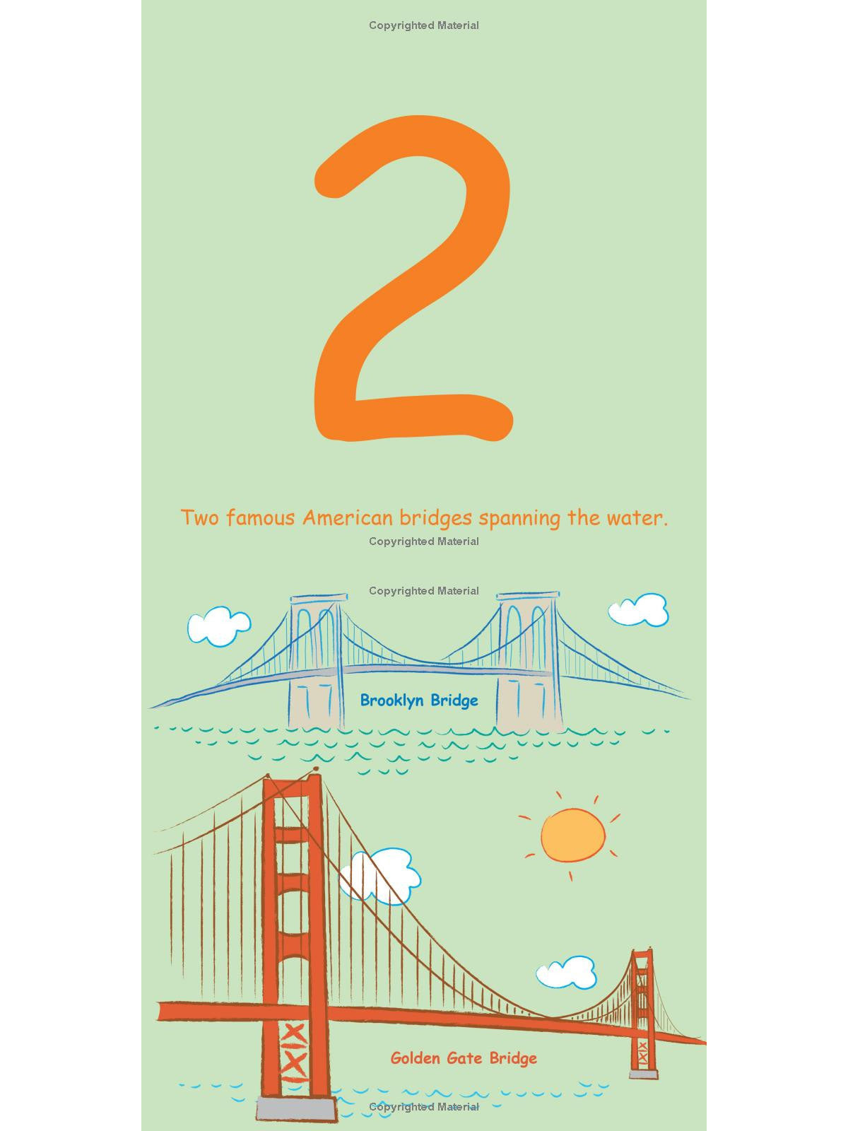 Illustration showing the Brooklyn Bridge and Golden Gate Bridge with the number two above and a sun in the background.