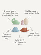 Colorful children's silicone toys promoting imaginative play and developing motor skills, featuring safety details.