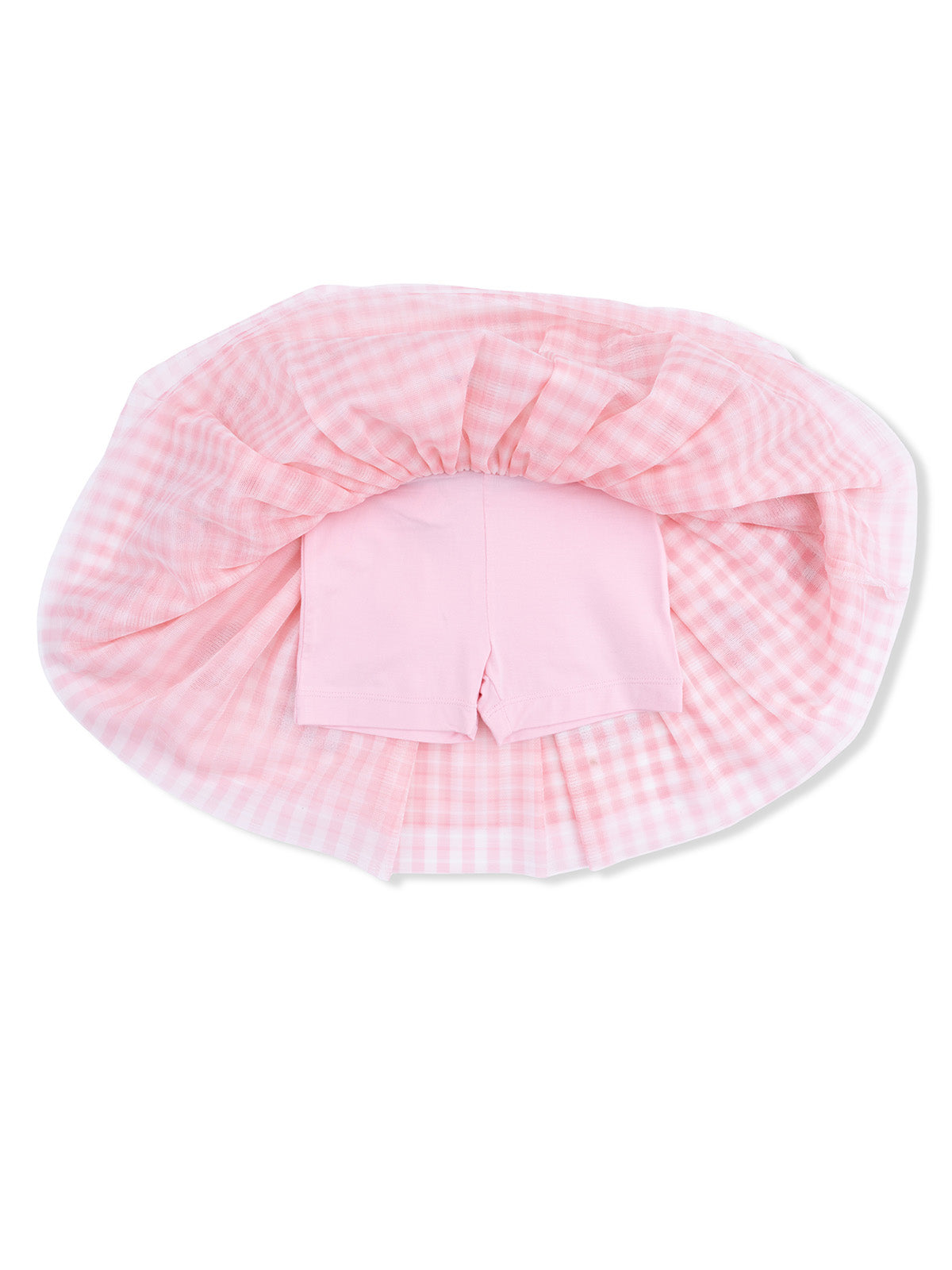 Pink gingham dress with built-in shorts, displayed from above on a white background.