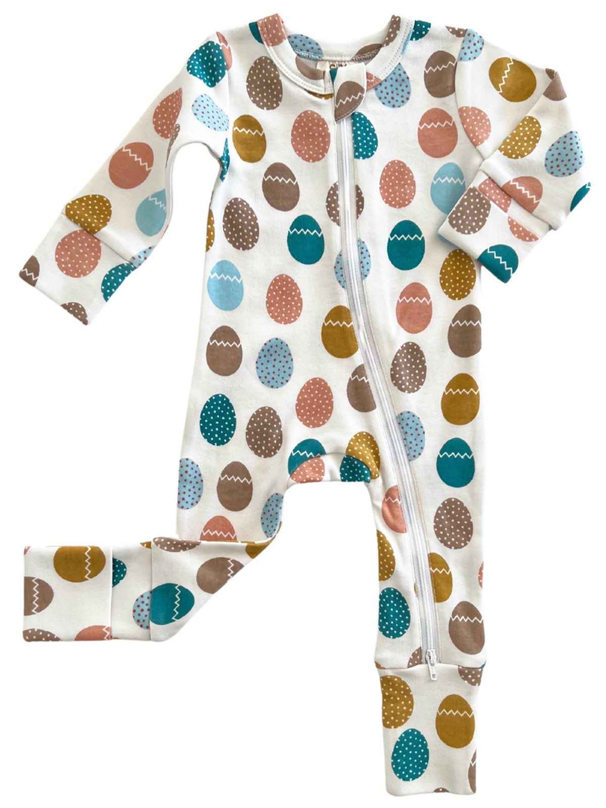 Baby jumpsuit with colorful egg patterns and a front zipper, perfect for spring and Easter celebrations.