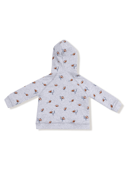 Gray hoodie with a sports theme, featuring a pattern of footballs and goalposts. Back view.