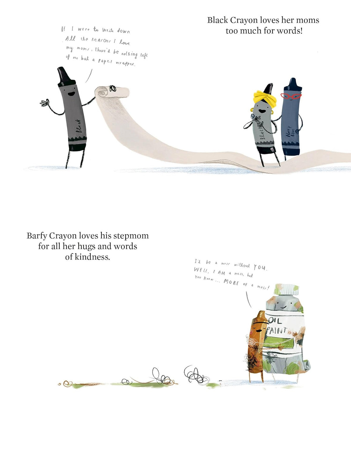 Crayons express love for their moms and stepmom through colorful illustrations and heartfelt words.