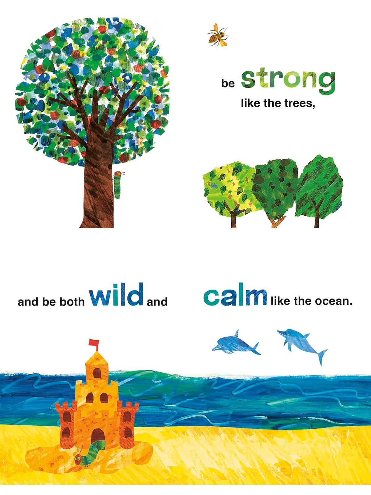 Illustration of trees and ocean with text: "Be strong like the trees, wild and calm like the ocean." Colorful, playful design.