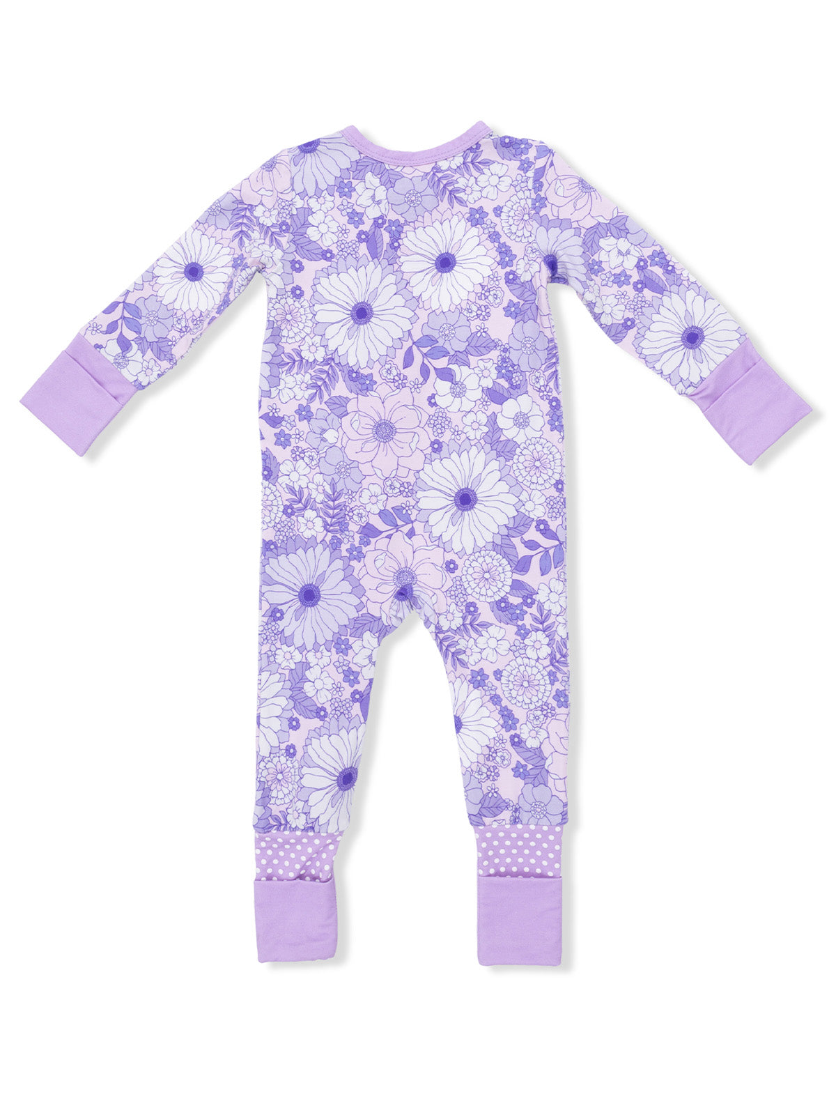 Purple floral onesie with long sleeves and polka dot cuffs, displayed from the back.