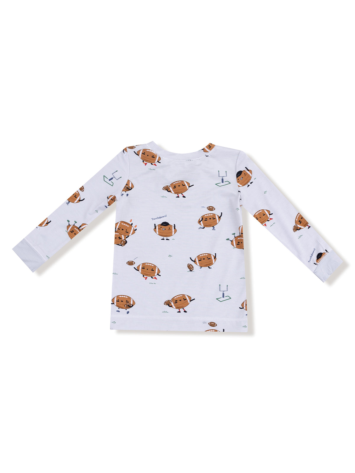 Back view of a long-sleeve shirt featuring cartoon football characters on a white background.