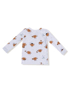 Back view of a long-sleeve shirt featuring cartoon football characters on a white background.