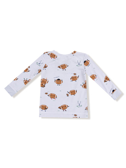 Back view of a long-sleeve shirt featuring cartoon football characters on a white background.