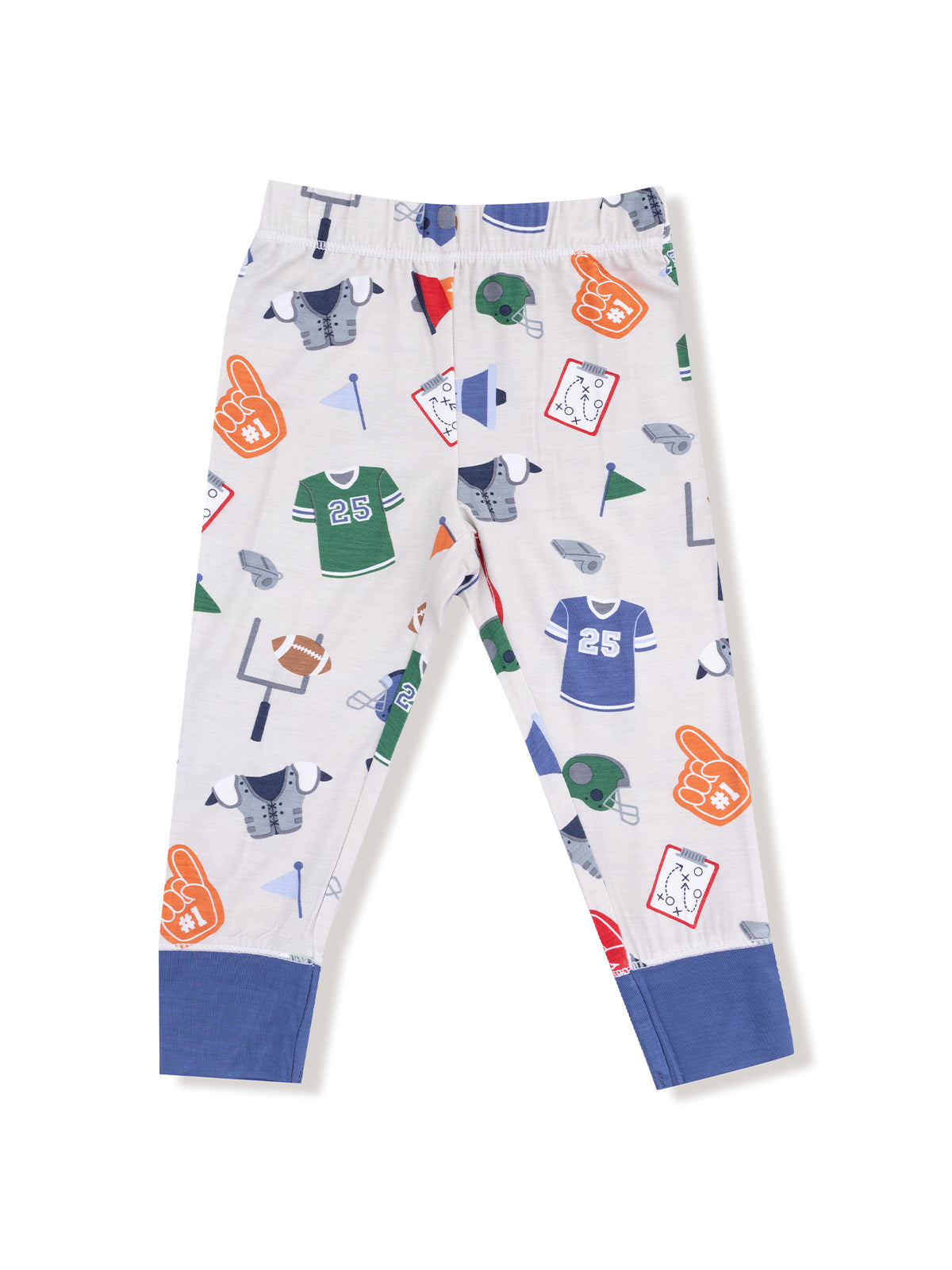 Youth athletic-themed pants featuring colorful sports graphics and patterns on a light background.