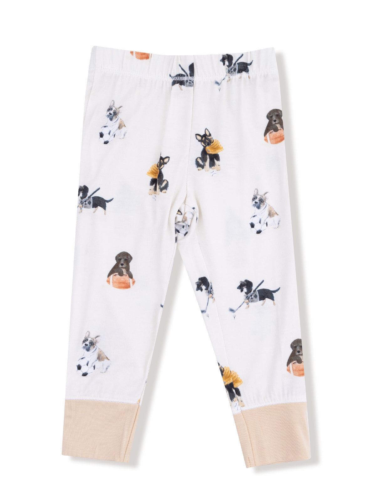 Dog-patterned kids' leggings featuring playful puppies in various activities on a light background.