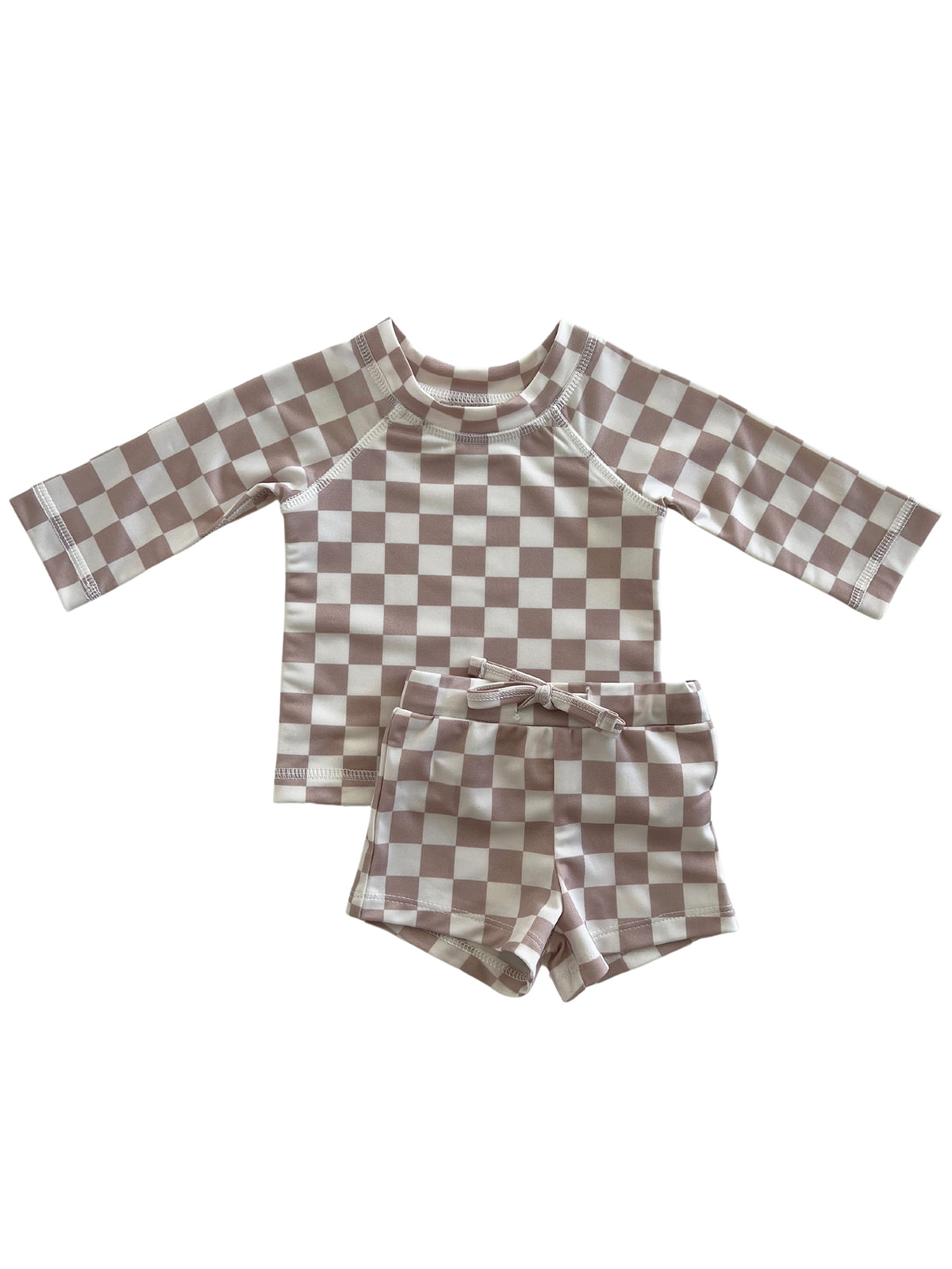 Tan and white checkered swim set for kids, featuring a long-sleeve top and matching shorts.