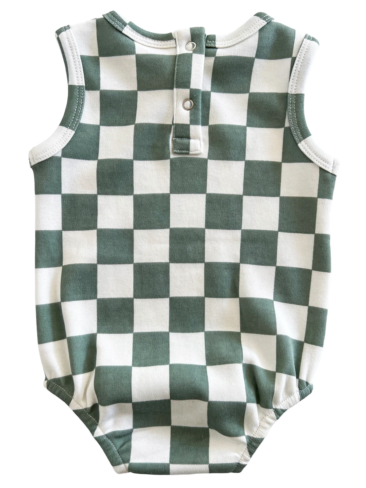 Green and white checkered baby romper with snaps at the back. Soft cotton material and sleeveless design.