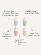 Colorful silicone ice cream cones promoting play and skill development, BPA-free, dishwasher safe, easy to clean.