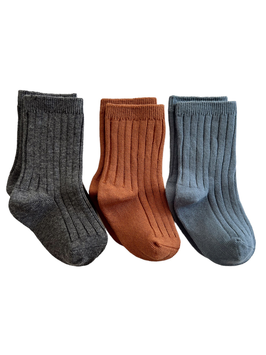 3-Pack Basic Ribbed Socks, Charcoal, Cinnamon, Blue