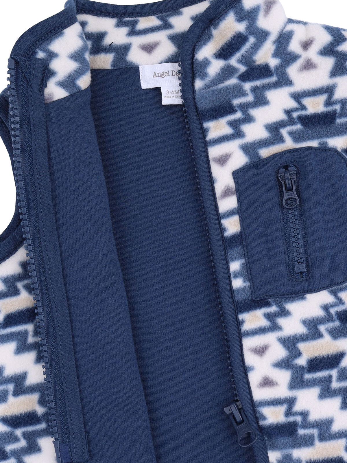 Navy fleece vest with a geometric pattern and zip pocket, designed for infants aged 3-6 months.