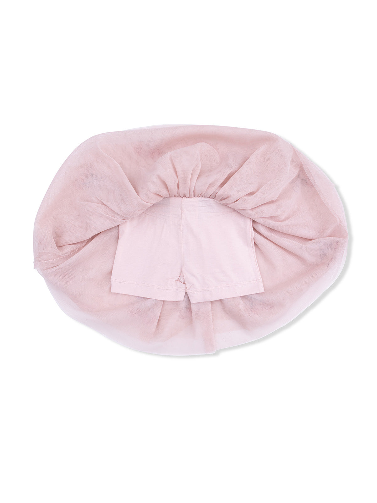 Pink tulle fabric with a gathered waistband and shorts visible inside. Decorative and airy design.