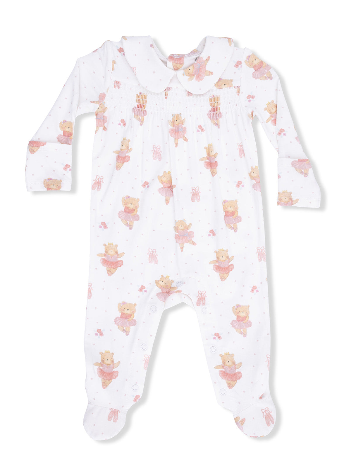 White baby onesie with bear ballet dancers and a collar, featuring pastel pink accents and snaps at the bottom.