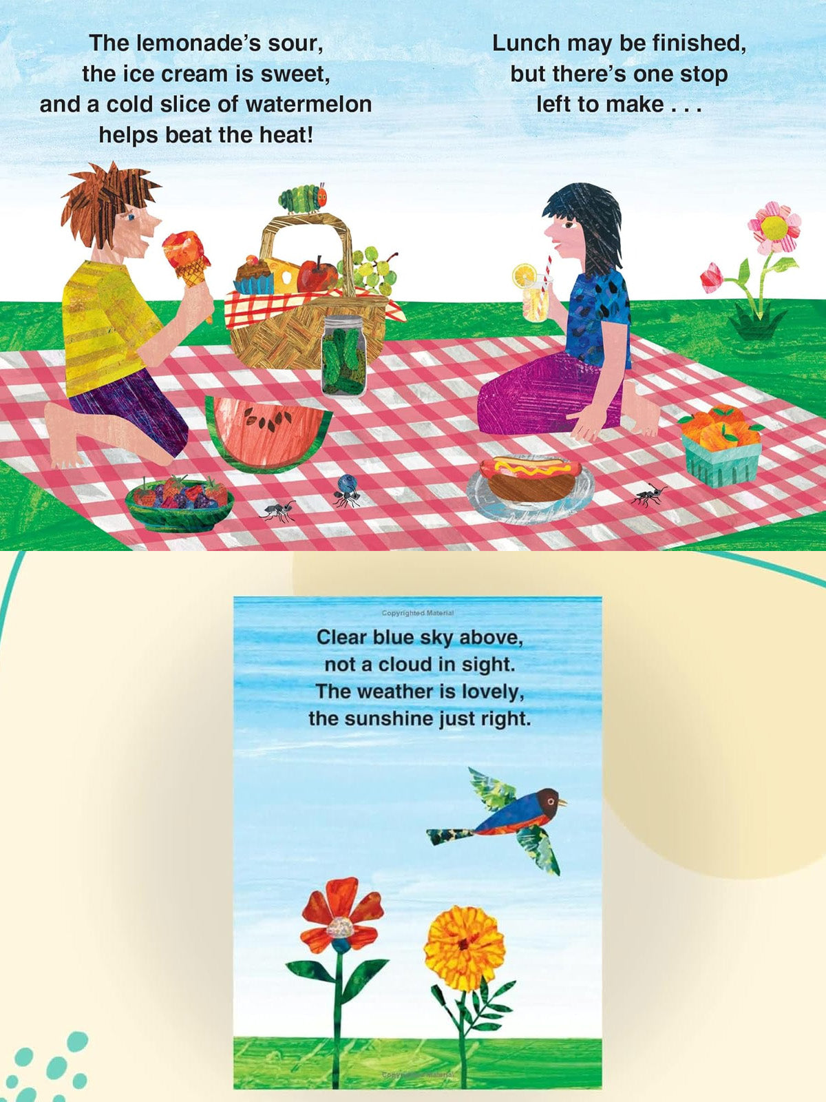 Children enjoy a picnic with lemonade, ice cream, and watermelon under a bright blue sky with flowers and a bird.