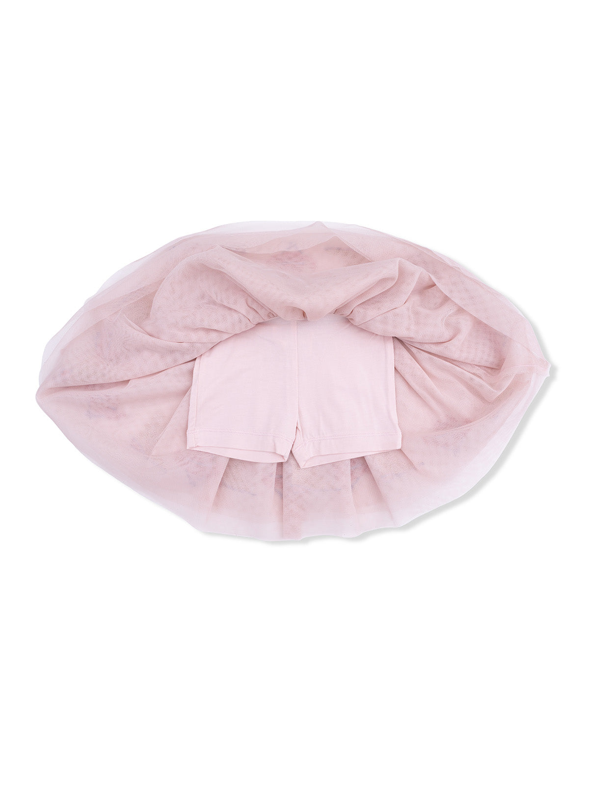 Pink tulle skirt with a built-in bodysuit underneath, displayed flat.
