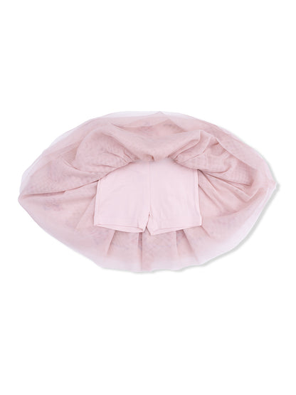 Pink tulle skirt with a built-in bodysuit underneath, displayed flat.