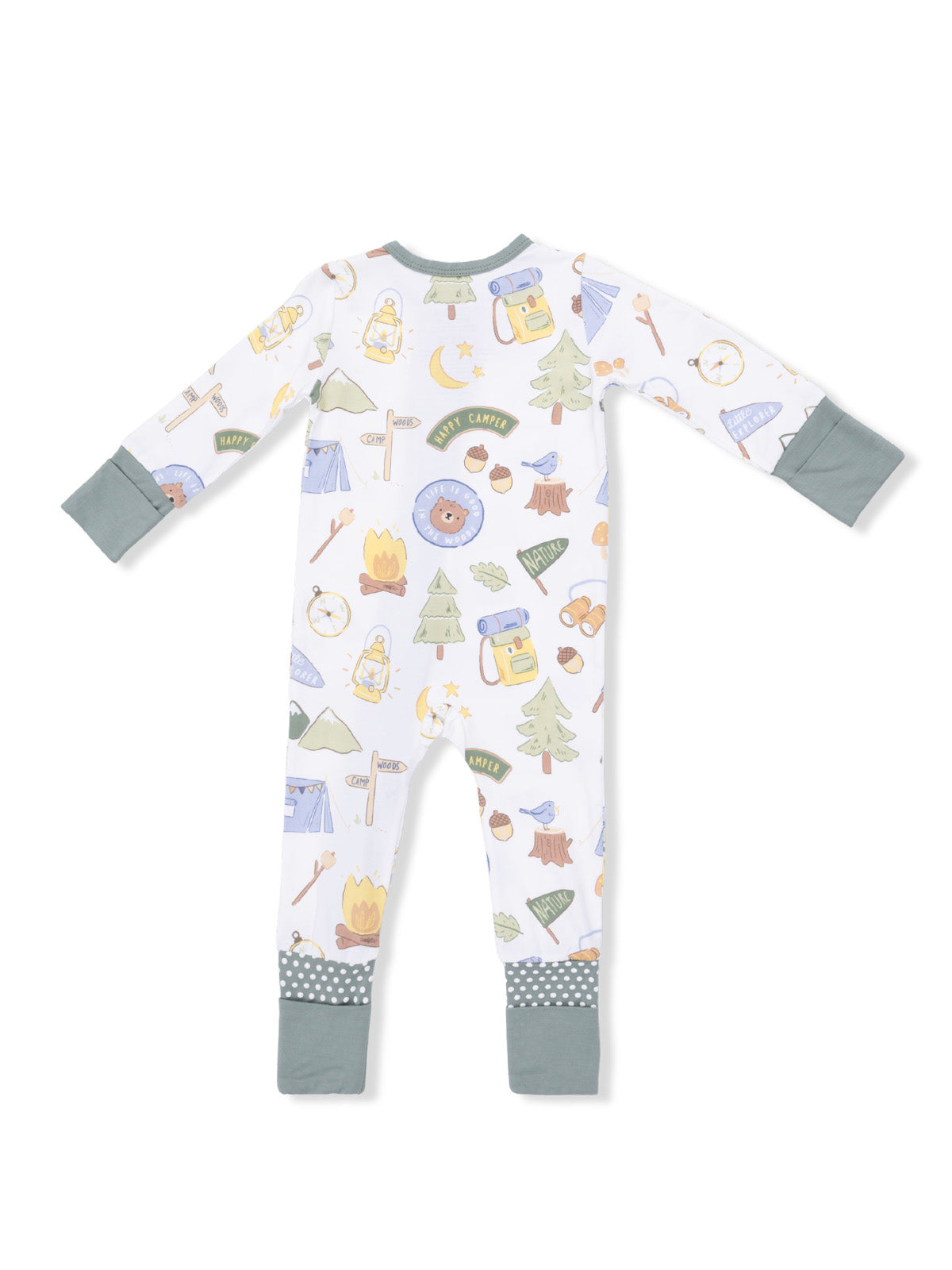 Child's camping-themed onesie featuring playful prints of tents, lanterns, and nature elements.