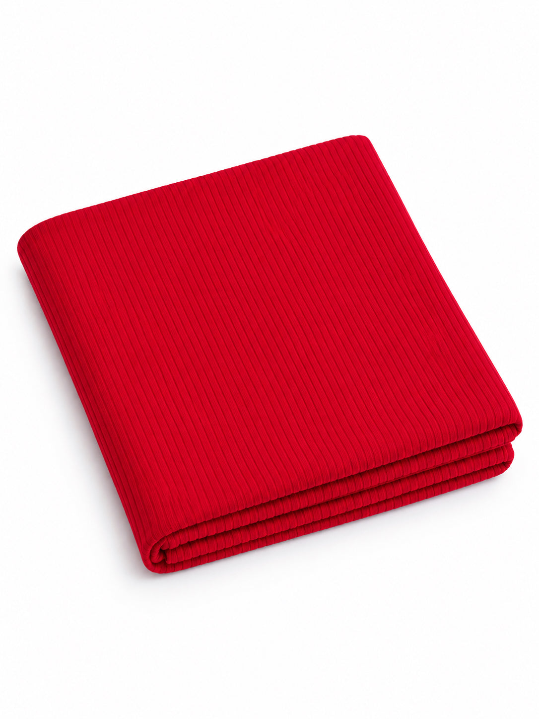 Red ribbed blanket folded neatly on a white background.