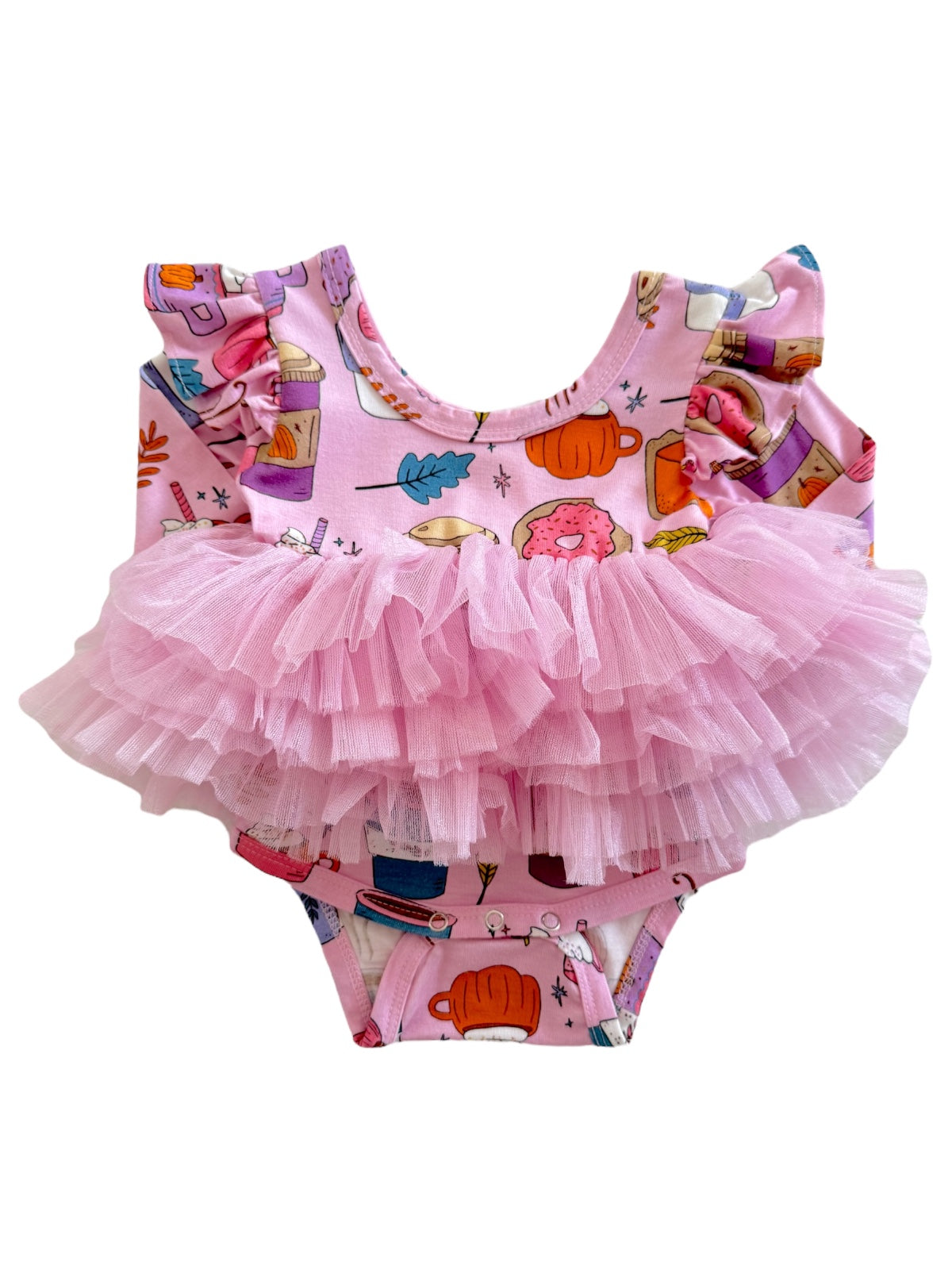 Pink ruffle swimsuit with playful food and drink patterns, perfect for summer fun.