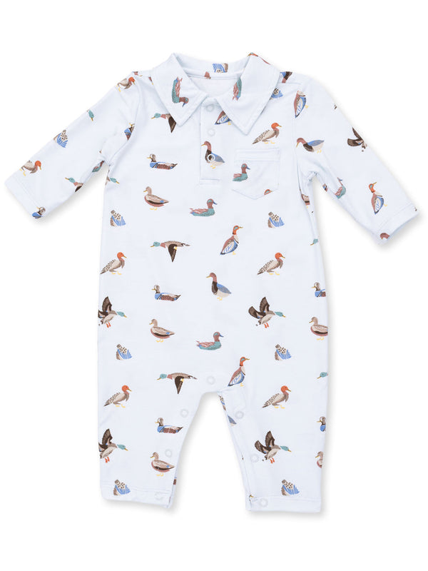 Light blue baby romper with various colorful duck illustrations, featuring a collar and front pocket.