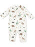 Patterned infant romper featuring forest animals like moose, bears, and birds on a light background.