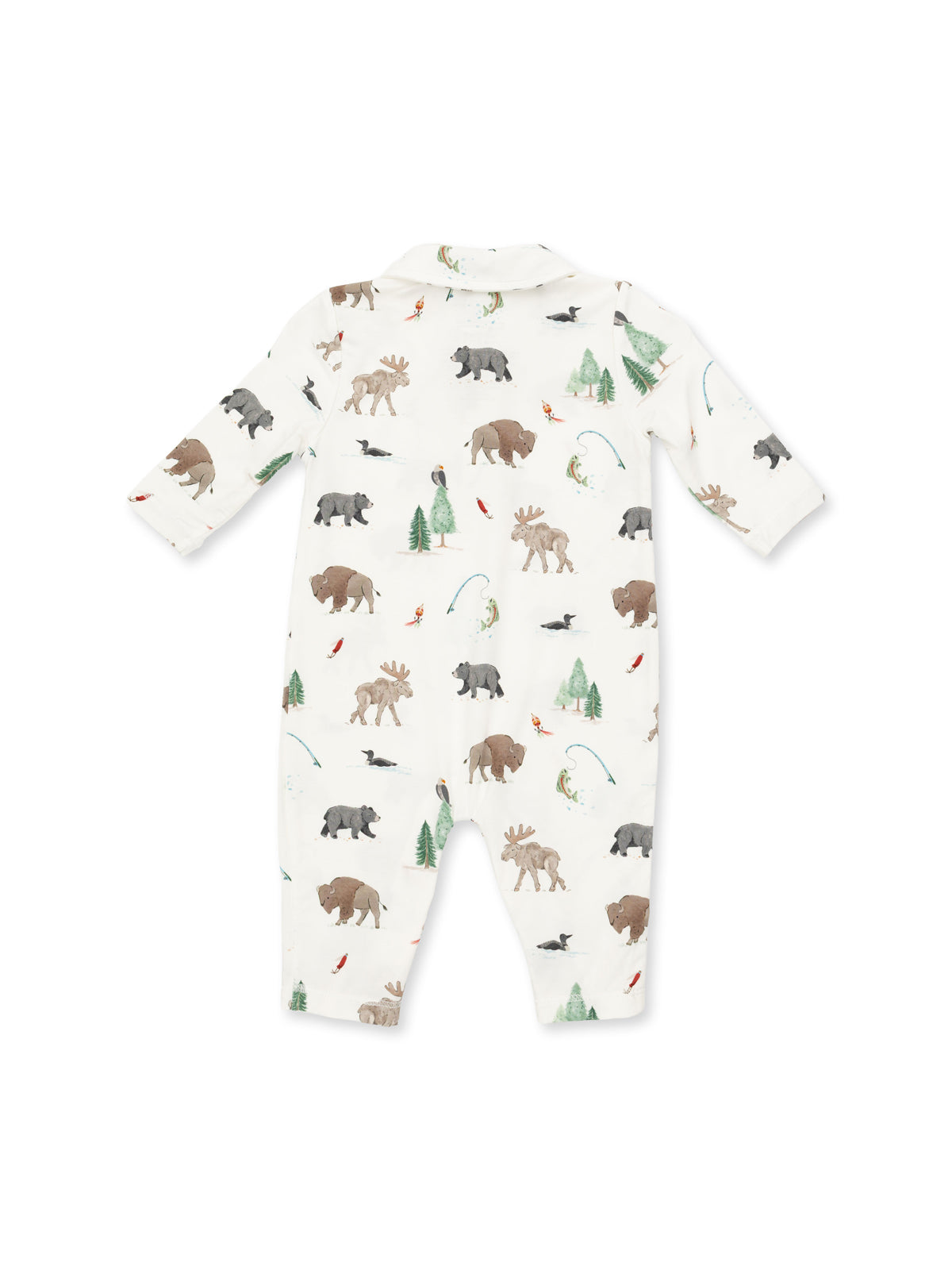 Baby onesie featuring a whimsical animal and nature print with bears, moose, fish, and trees, shown from the back.
