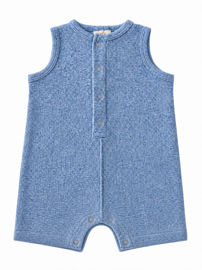 Light blue sleeveless baby romper with textured fabric and snap buttons down the front.