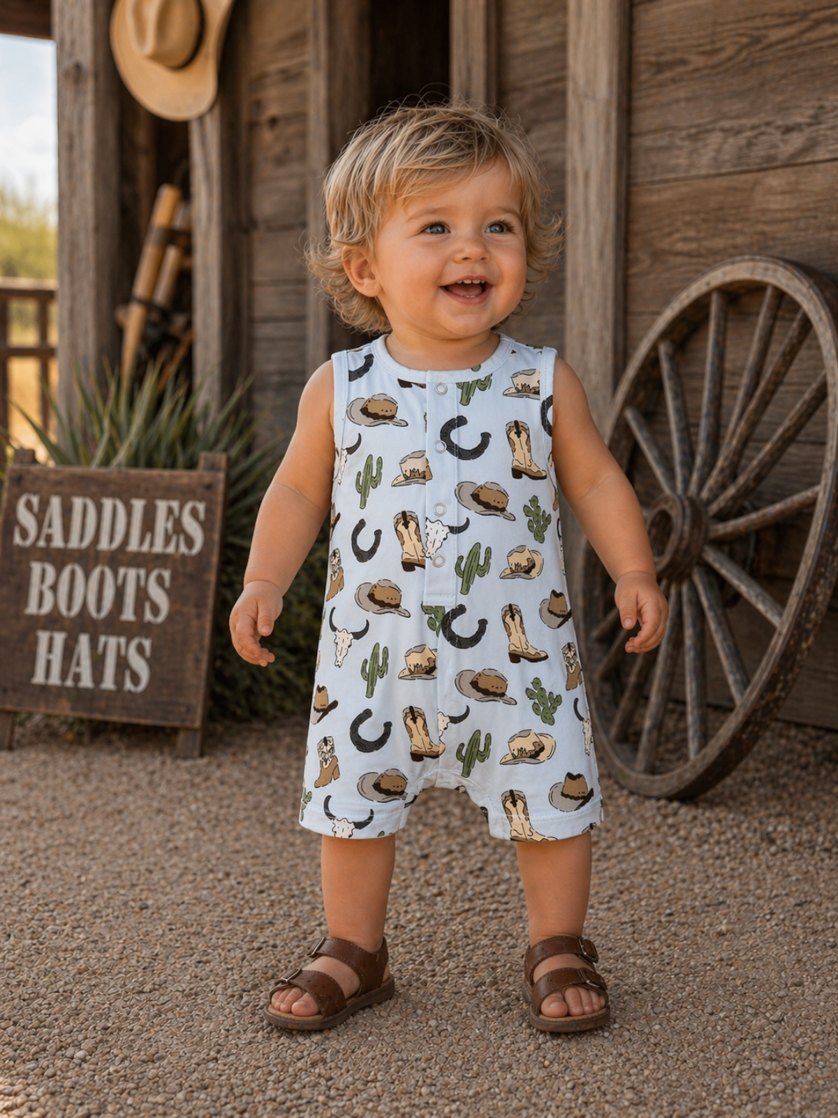 Smiling toddler in a playful outfit with cowboy-themed patterns, standing in a rustic outdoor setting.