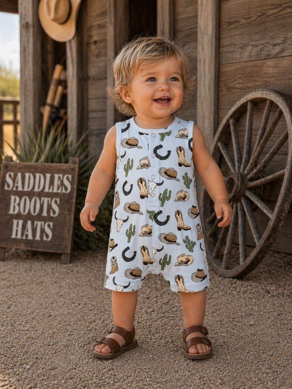 Smiling toddler in a playful outfit with cowboy-themed patterns, standing in a rustic outdoor setting.