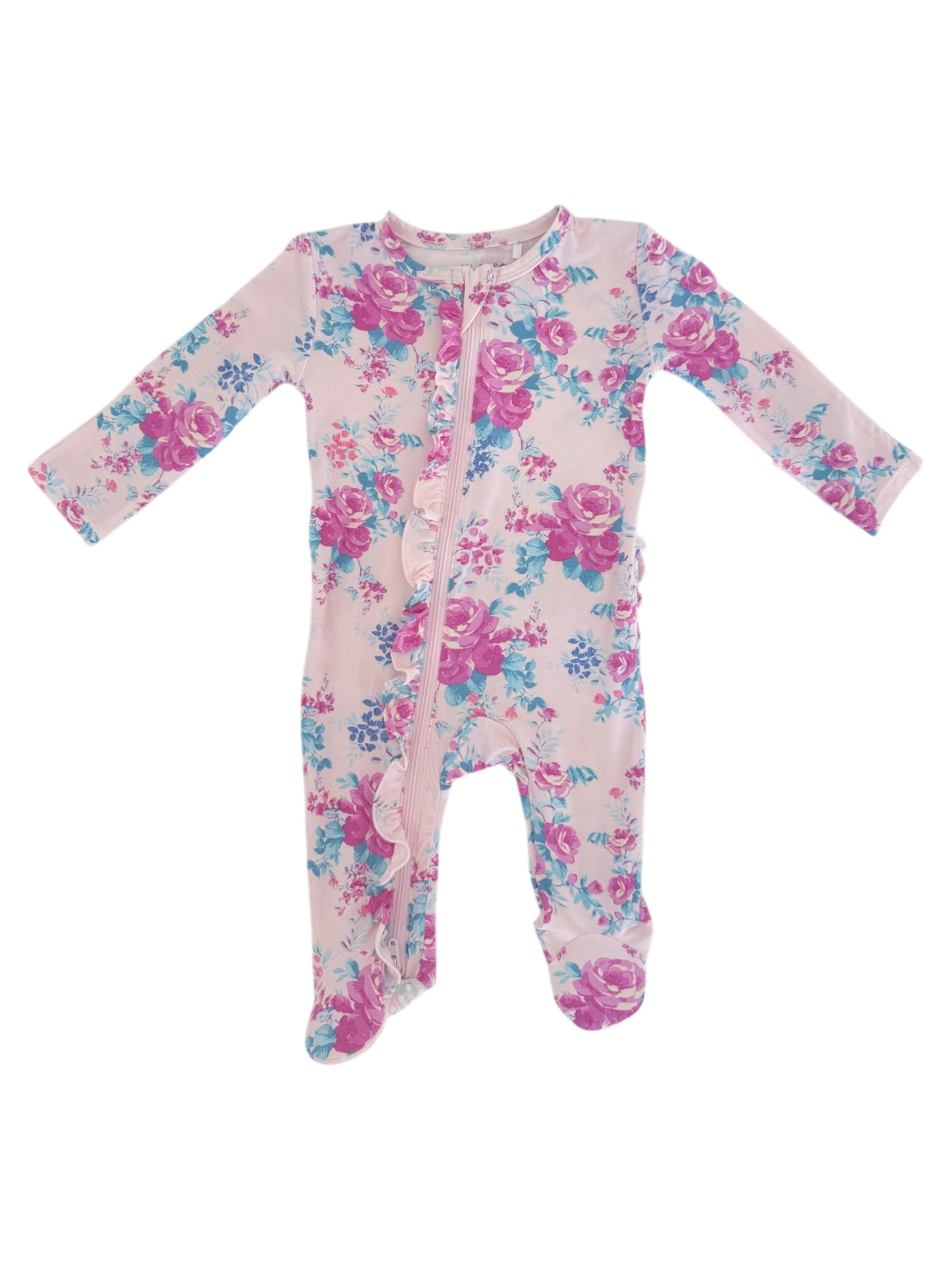 Pink floral baby onesie with long sleeves and a front zipper, featuring rose and blue floral patterns.