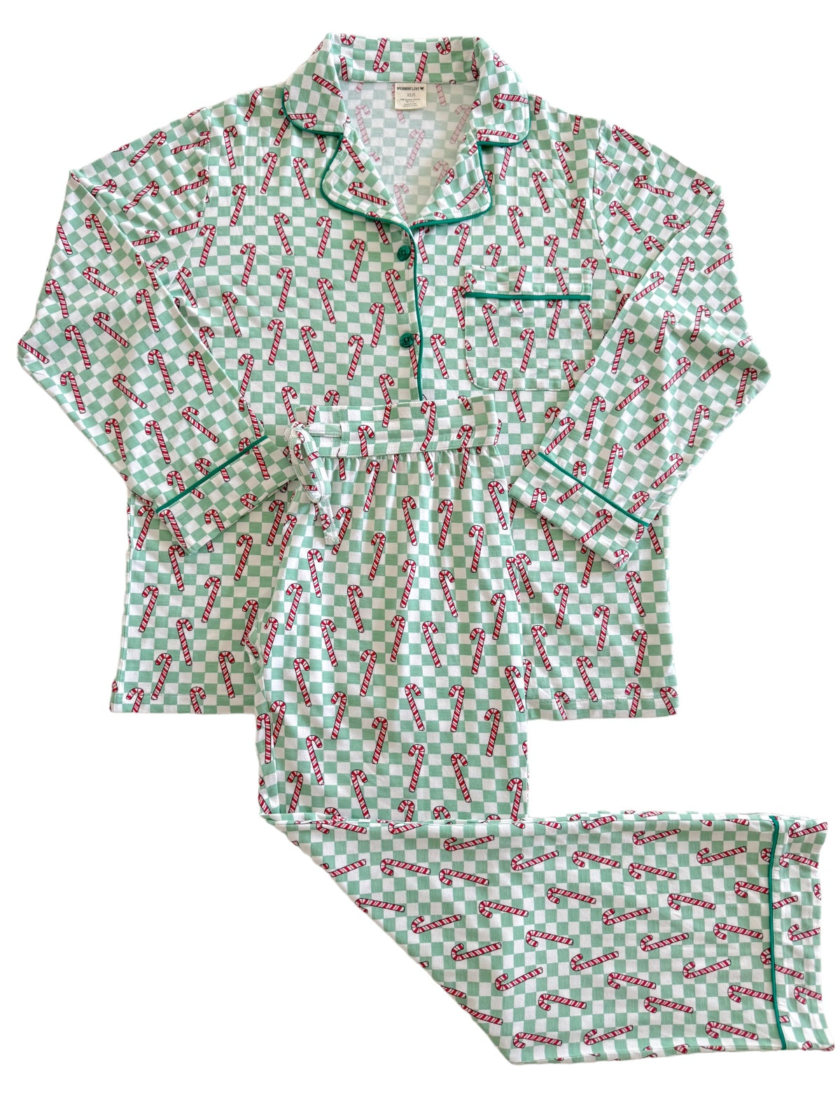 Green and white checkered pajamas with red candy cane print, featuring a button-up top and matching pants.