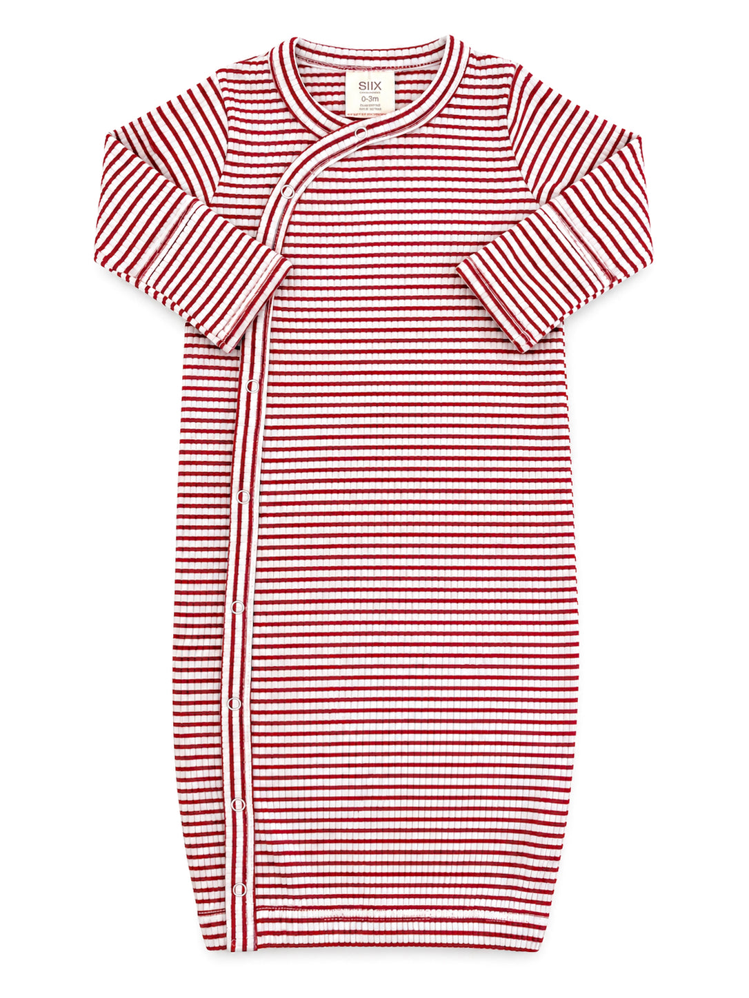 Red and white striped baby sleeper gown with long sleeves and snap closures. Suitable for infants 0-3 months.