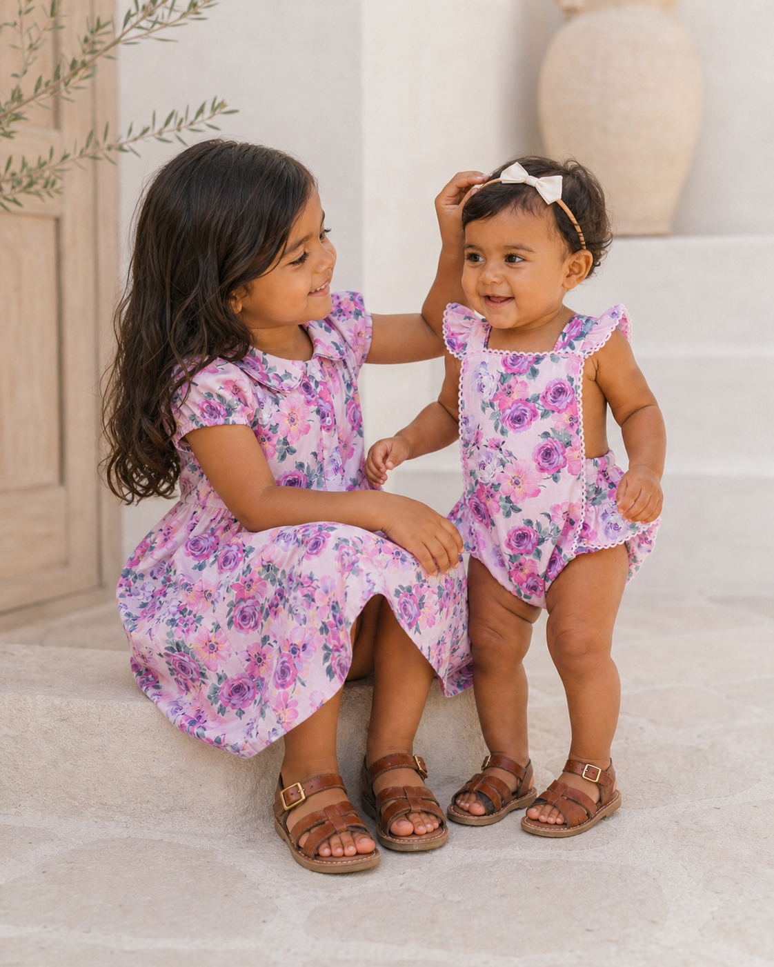 Two young girls in floral outfits play together on stone steps, smiling and enjoying their time outdoors.