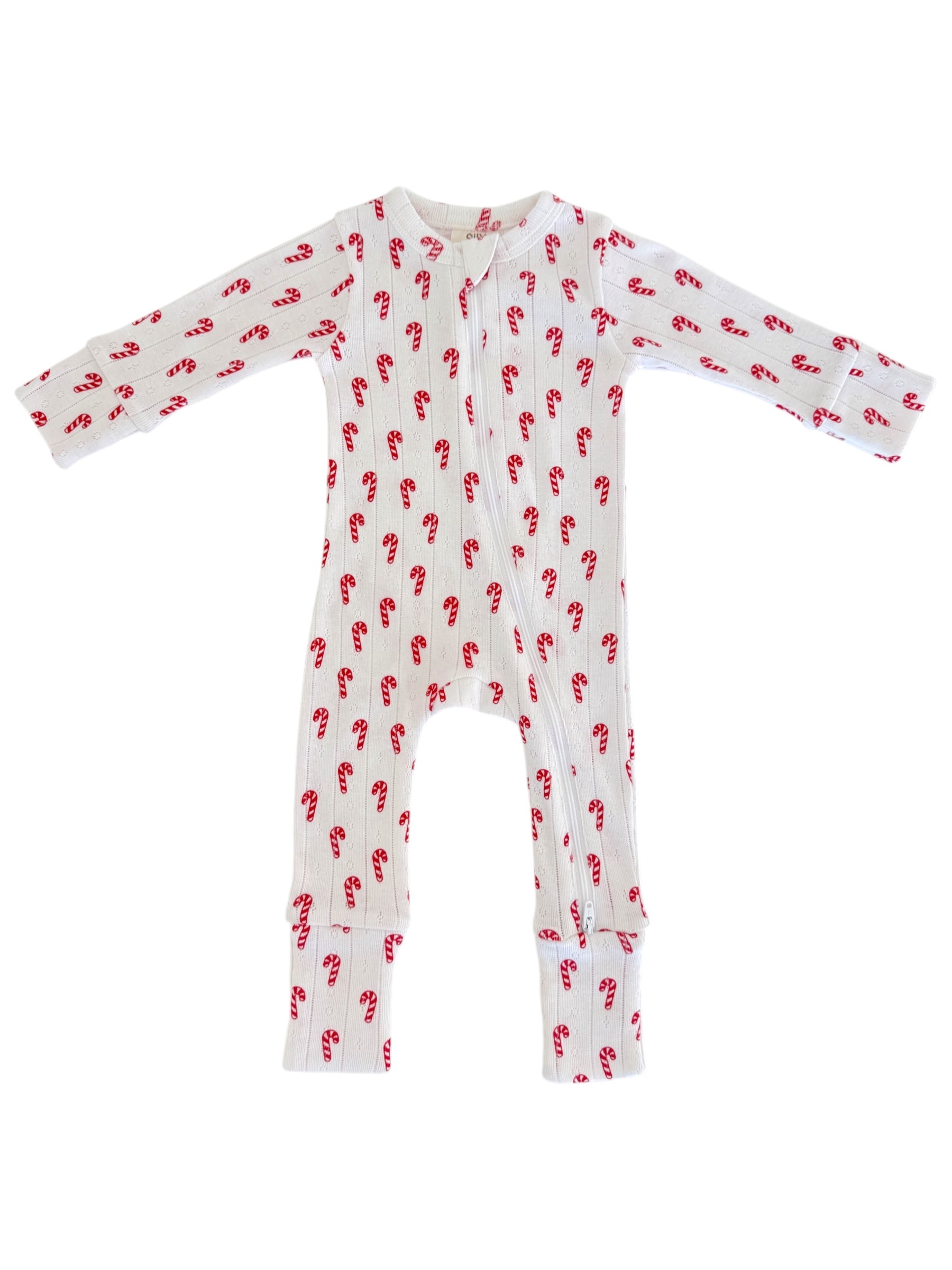 White toddler onesie with red candy cane pattern and long sleeves. Front zipper for easy dressing.