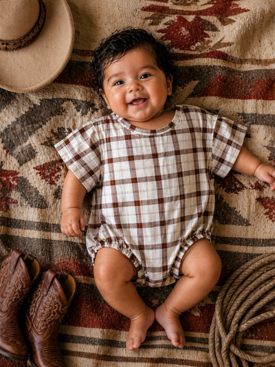Smiling baby in a plaid outfit, surrounded by cowboy boots and a hat on a textured blanket.