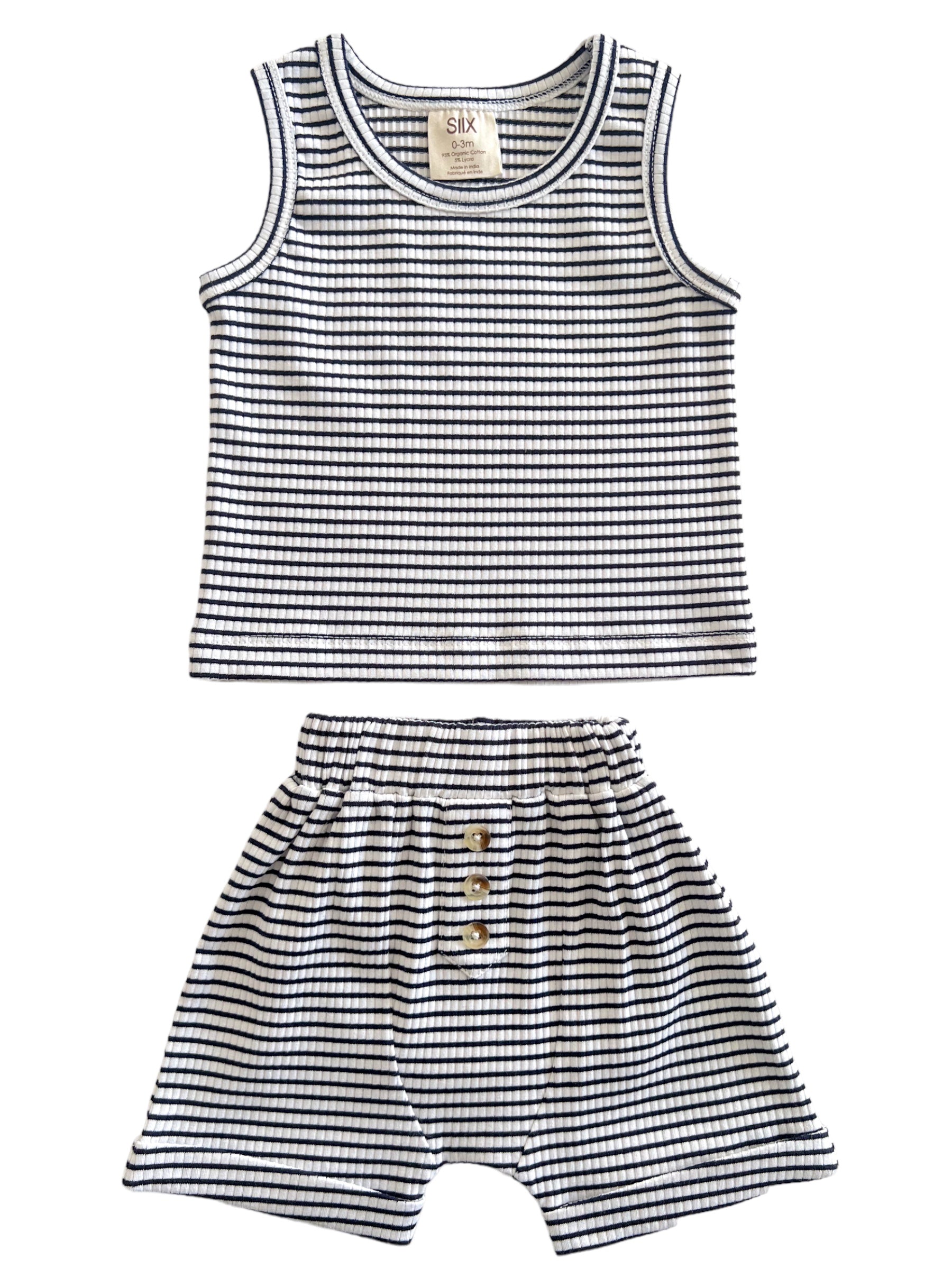 Striped baby outfit featuring a sleeveless top and shorts with button detailing. Ideal for warm weather.