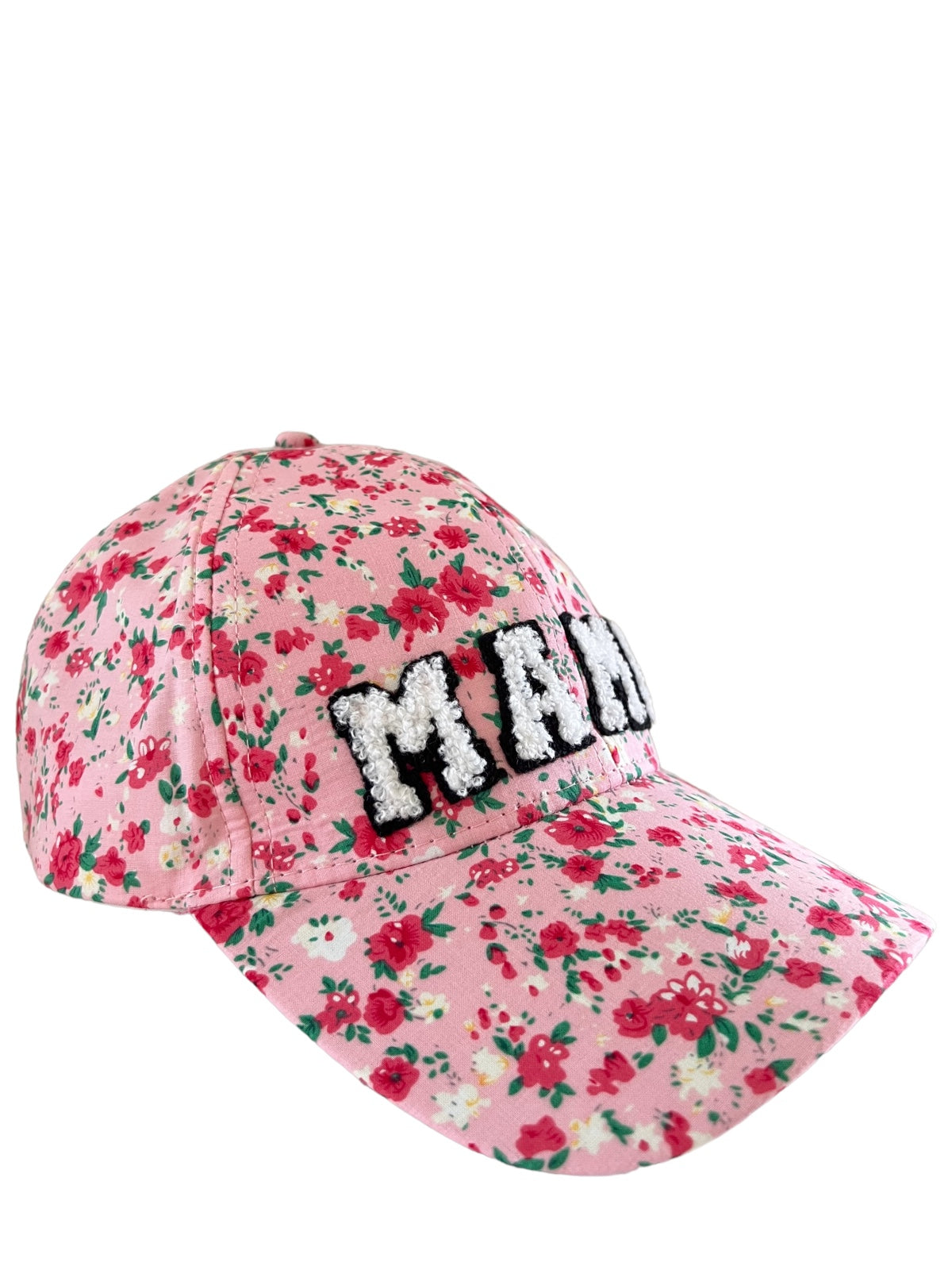 Floral pink baseball cap with "MAMA" text in white and black embroidery on the front.