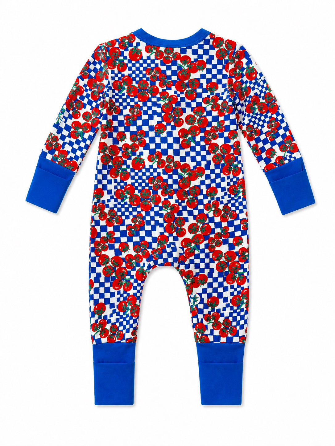 Red tomato-patterned onesie with blue cuffs on a white background, viewed from the back.